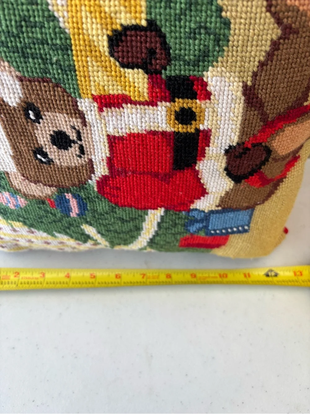 Holiday Teddy Bear Needlepoint Cushion - Red & Green